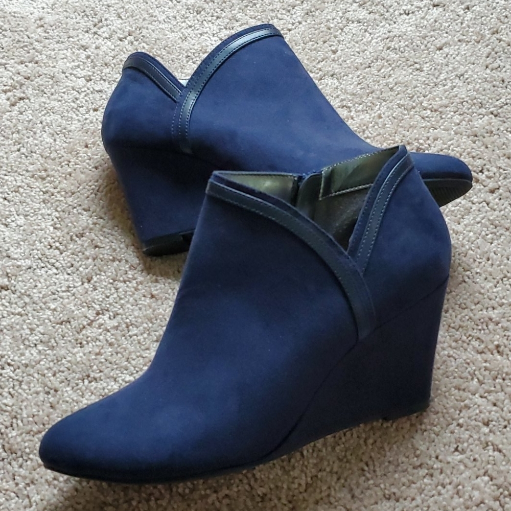 Navy Blue Suede Zip Up Wedge Booties
